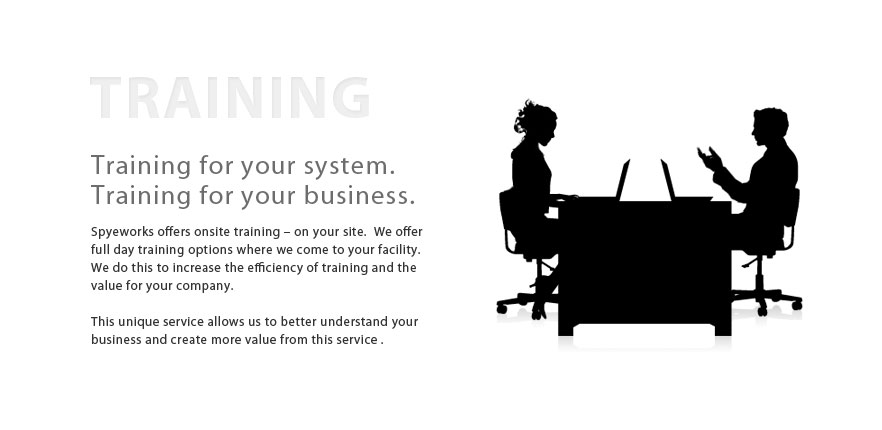 Spyeworks Training.  Spyeworks Training options
are full of WIN!  Spyeworks offers onsite training – on your site.  We offer full day training options where we come to your facility.  We do this to increase the efficiency of training and the value for your company.  This unique service allows us to better understand your business and create more value from this service .